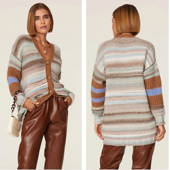 $258 Anthropology Sita MurtWool Blend Sweater Cardigan Brown Blue Boho Peasant